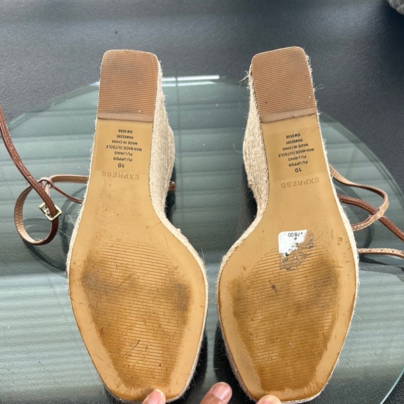 Express Brown Strappy Espadrilles Sandal Platform Wedge Ankle Strap Square Toe - Picture 8 of 9